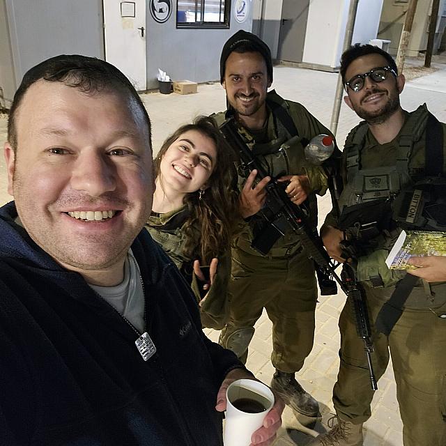 With IDF soldiers, sharing coffee